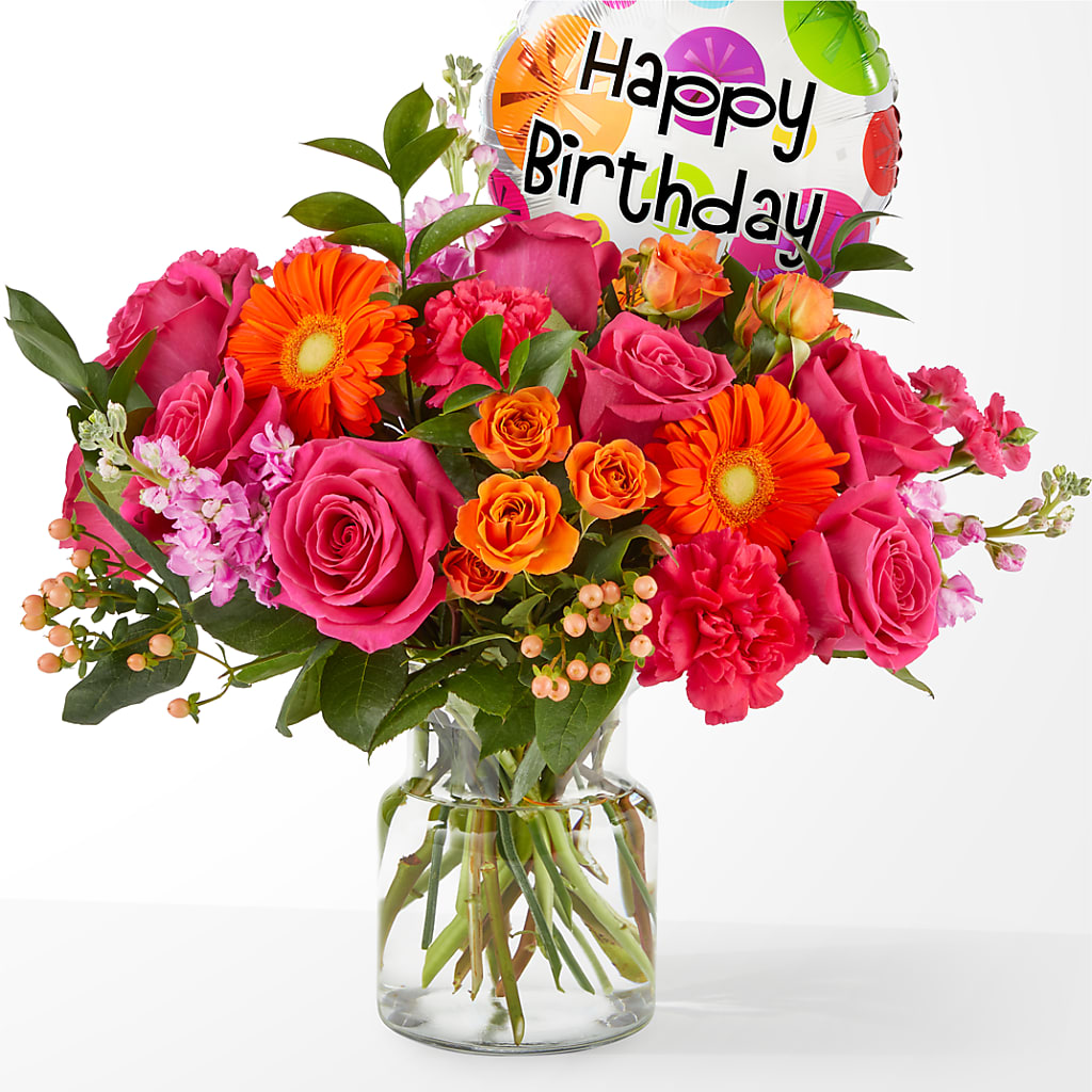Fiesta Bouquet with Birthday Balloon – MC SHANES FLORIST & GREENHOUSE INC, Belle Vernon PA