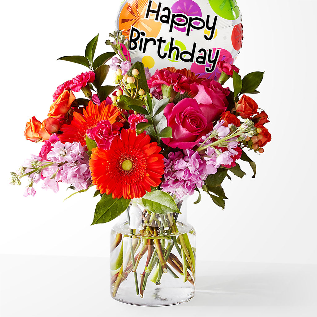 Fiesta Bouquet with Birthday Balloon – MC SHANES FLORIST & GREENHOUSE INC, Belle Vernon PA