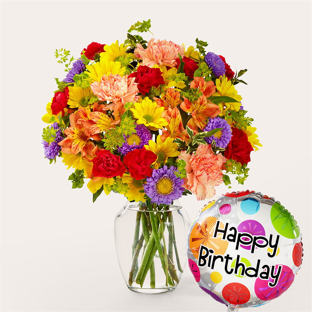 Kaleidoscope Bouquet with Birthday Balloon – MC SHANES FLORIST & GREENHOUSE INC, Belle Vernon PA
