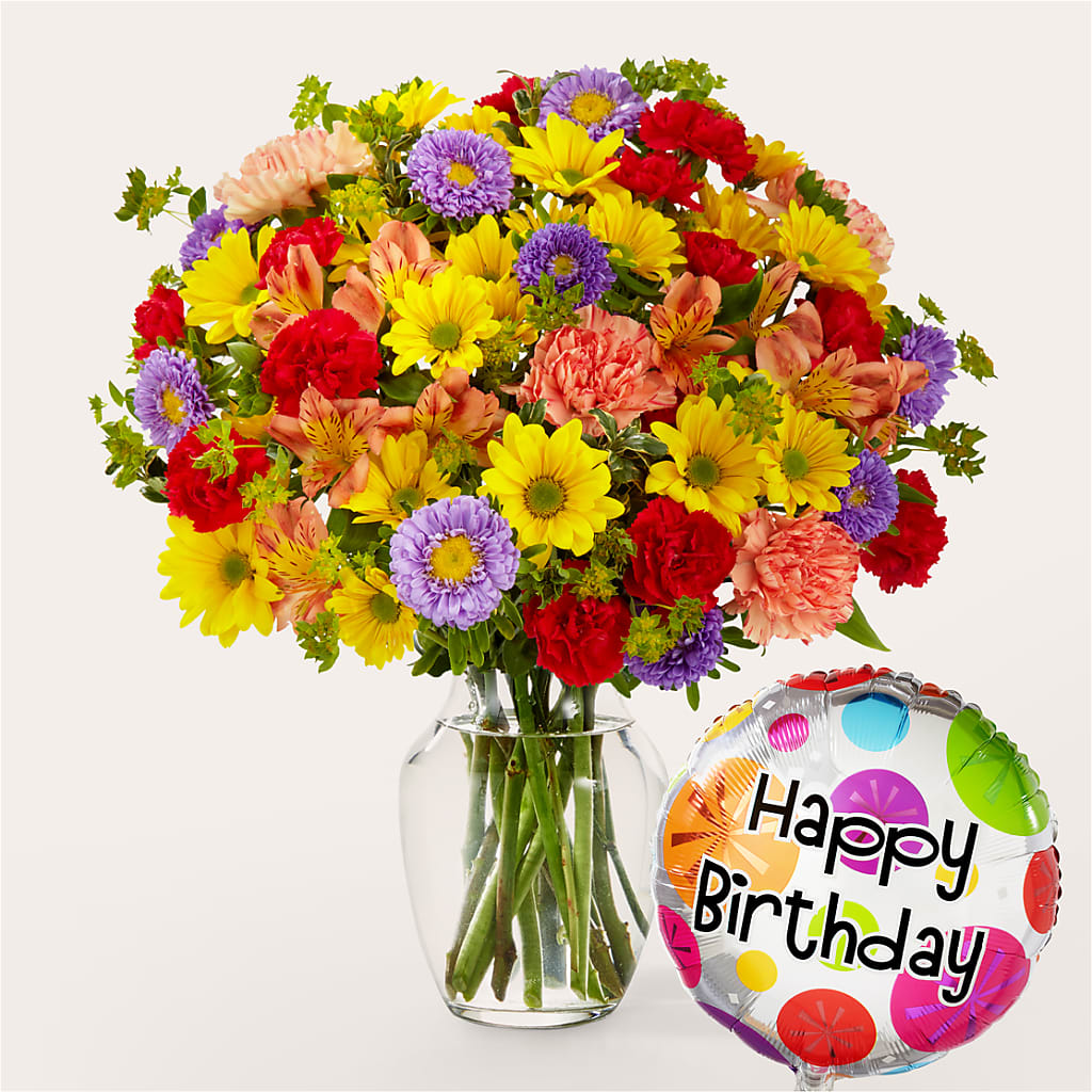 Kaleidoscope Bouquet with Birthday Balloon – MC SHANES FLORIST & GREENHOUSE INC, Belle Vernon PA