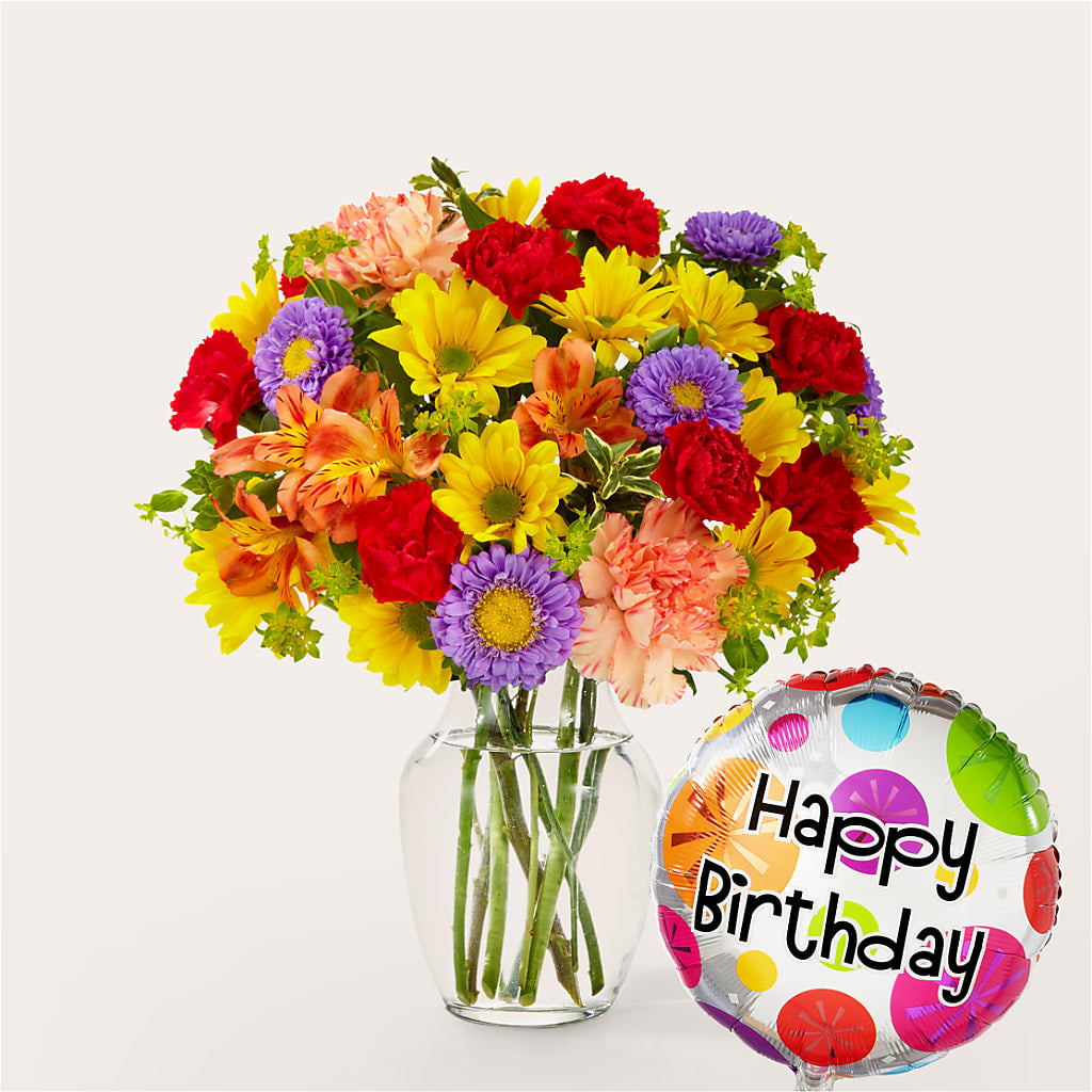 Kaleidoscope Bouquet with Birthday Balloon – MC SHANES FLORIST & GREENHOUSE INC, Belle Vernon PA