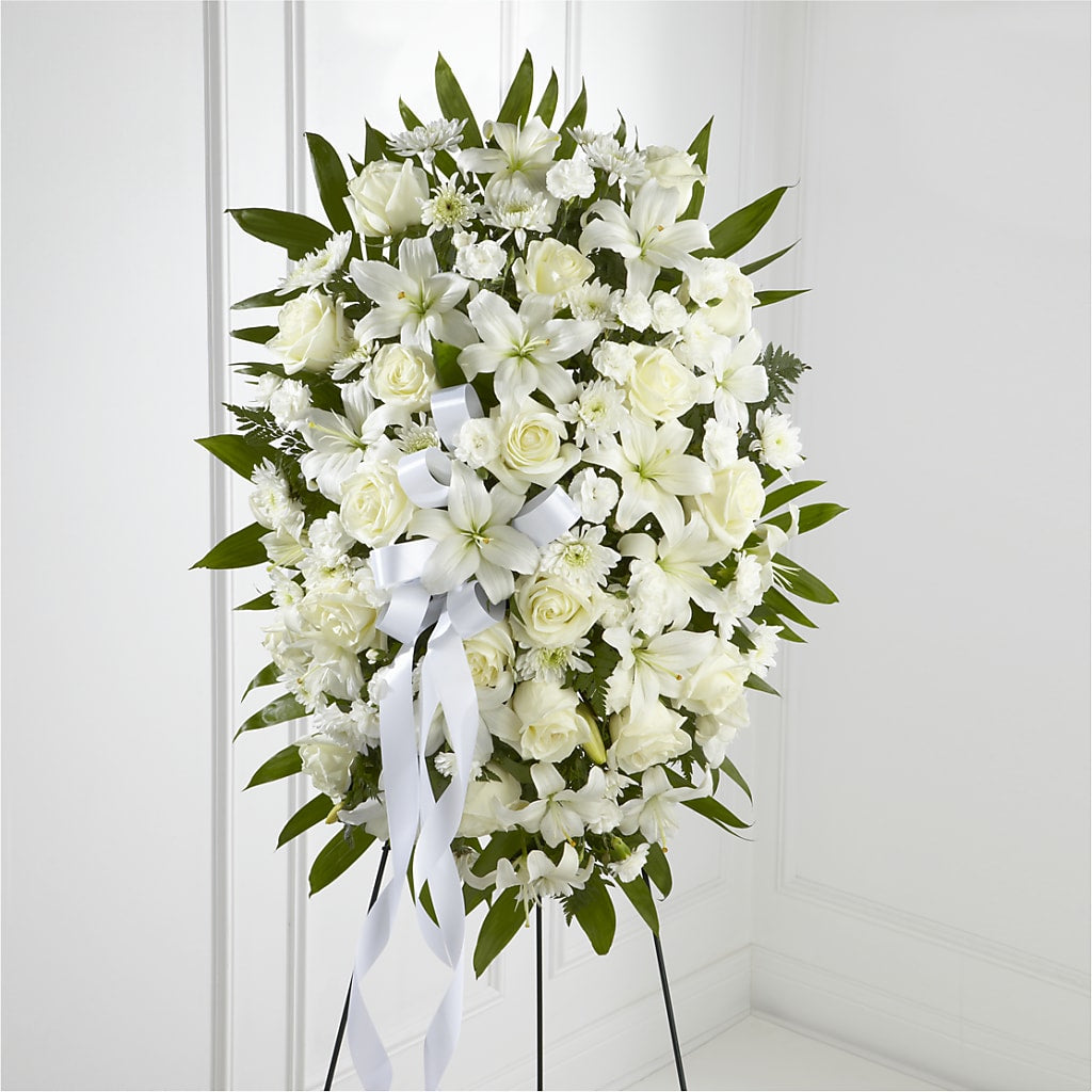 Exquisite Tribute Standing Spray-White Ribbon – MC SHANES FLORIST & GREENHOUSE INC, Belle Vernon PA