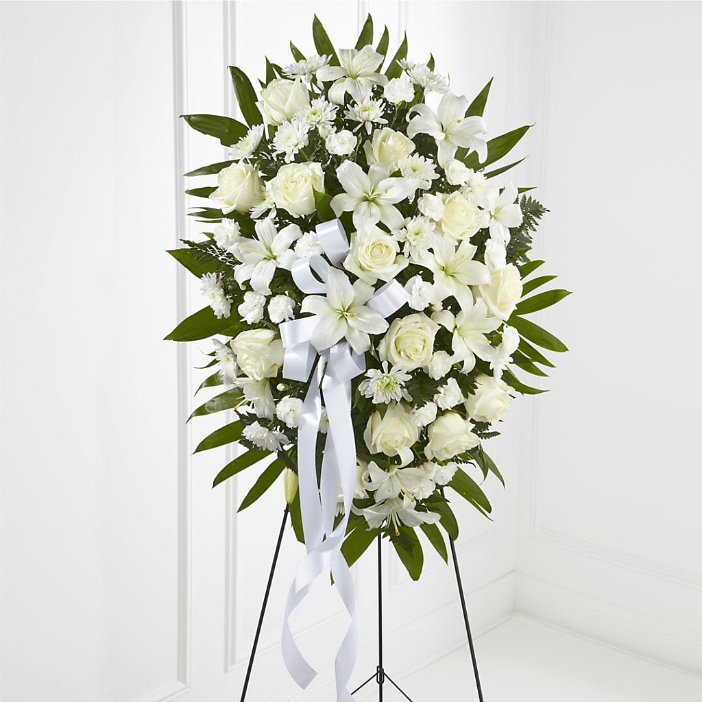 Exquisite Tribute Standing Spray-White Ribbon – MC SHANES FLORIST & GREENHOUSE INC, Belle Vernon PA